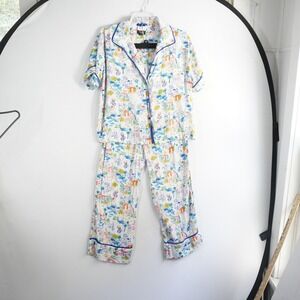 Kate Spade New York Pajama Set Medium Tropical Houses Bikes Palm Trees Blue Trim